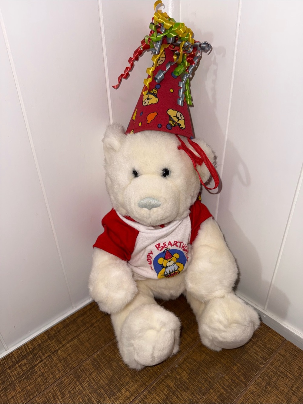 Rare build a bear birthday White Plush Bear with Red T-Shirt and Party Hat